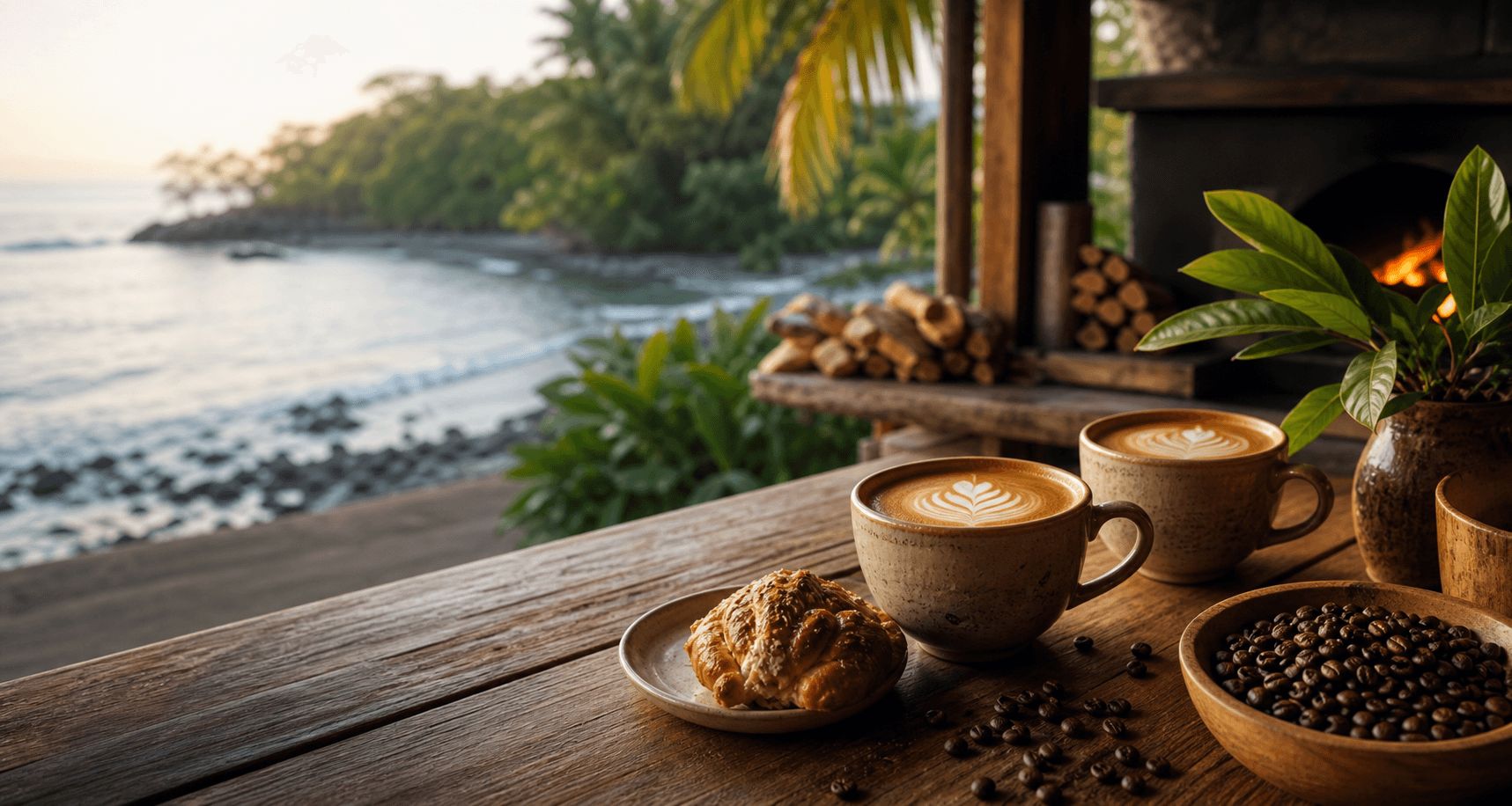Warm beachside coffee counter with cups, pastry, coffee beans, and tropical light